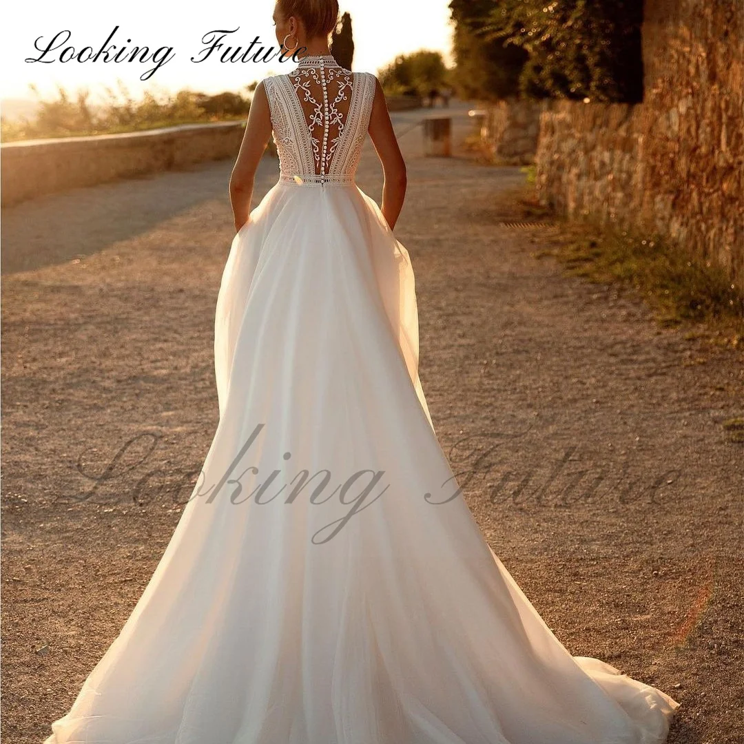 Boho pizzo ricamo una linea abito da sposa scollo A V senza maniche lunghezza del pavimento abito lungo per donna bottone Backless Vestidos De Novia