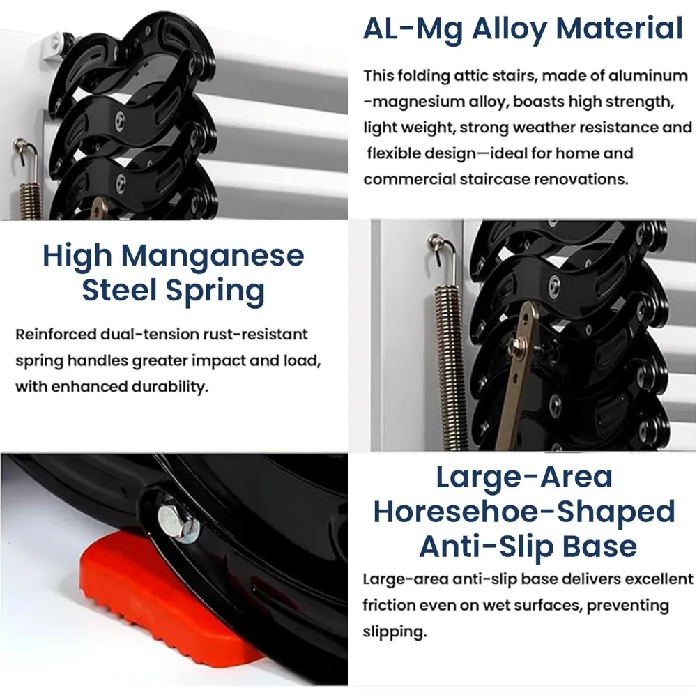 Escalera tipo loft extraíble para ático de aleación Al-Mg - Sistema extraíble de escalera para ático montada en la pared de 12 escalones - Capacidad de 1102 LBS
