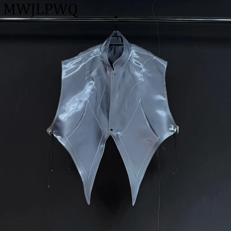 MWJLPWQ Goth Punk Shiny Satin Vest Irregular Geometric Stitch Drawstring Sleeveless Streetwear Mens Dark Layer Tide Tops 16761