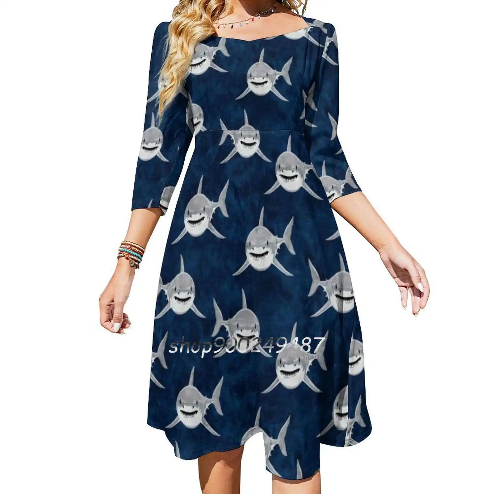 Sharks!-Dark Blue Square Neck Dress Sweet Summer Dress Women Elegant Halter Print Dress Shark Nautical Great White Shark Week