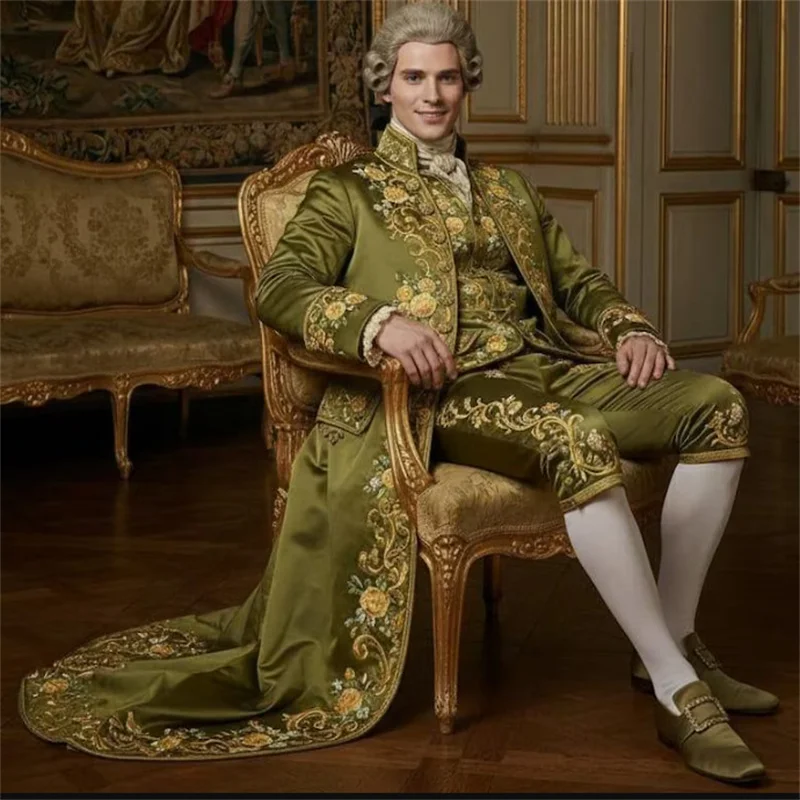 

18th Century British Aristocratic Victorian Gentleman Costume Historical Regency Count Floral Printed Luxurious Ball Gown