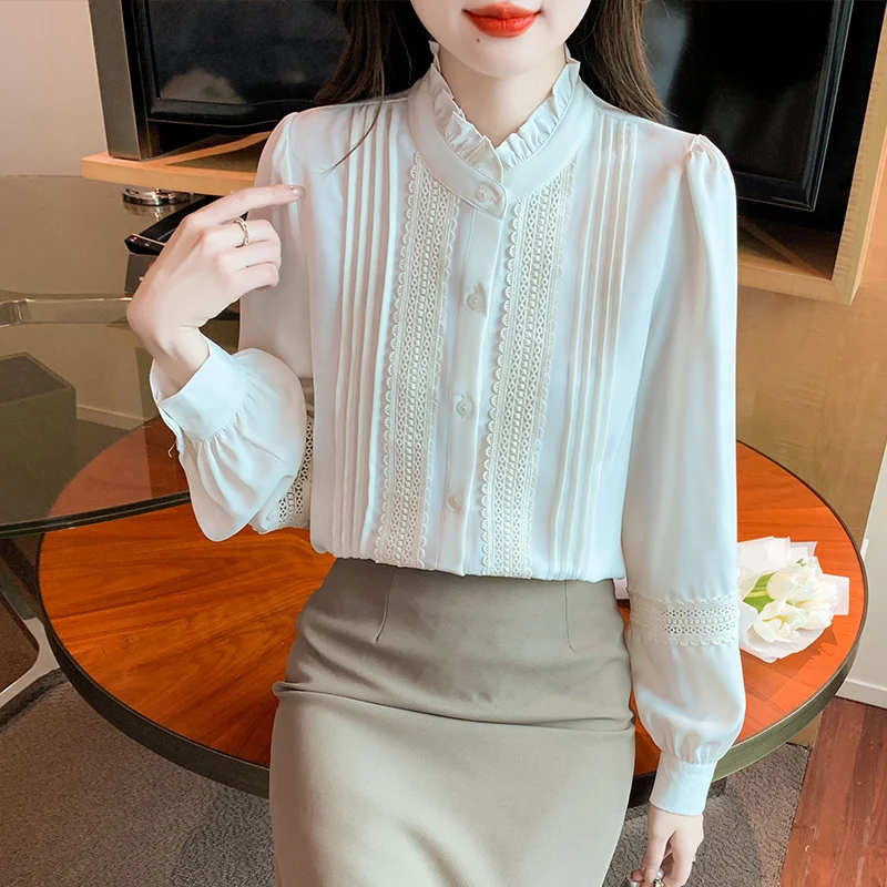 

Office Lady Long Sleeve Ruffled Women Shirt White Hollow Out Chiffon Shirt Blouse Women Tops Blusas Para Mujer Camisas H363