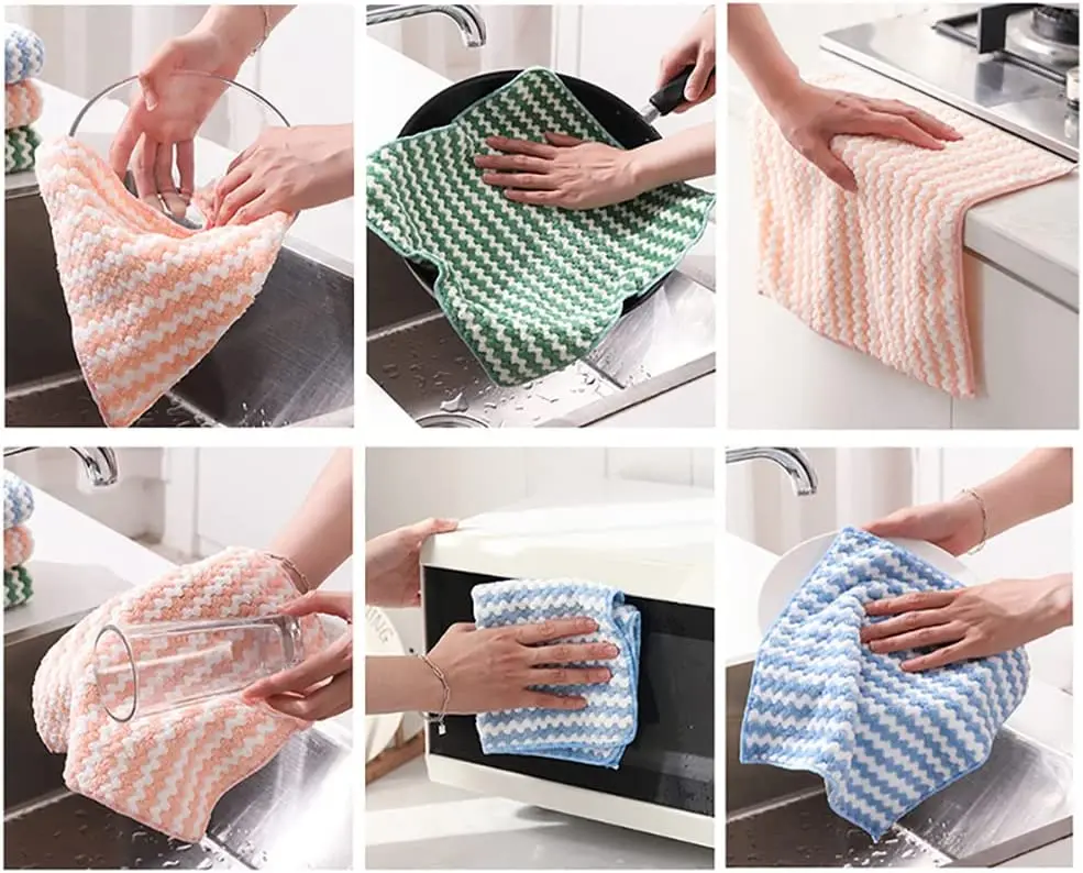 Coral Fleece Dishcloths Super Absorbent Thicken Scouring Pads Washing Cloths Dry and Wet Clean Towel Kitchen Cleaning Rags Tools