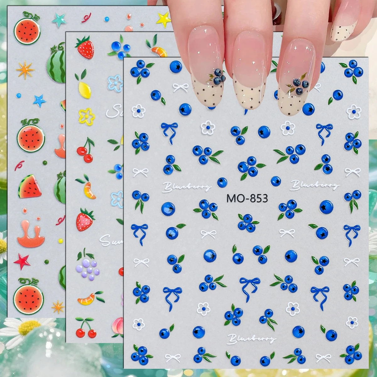 3 to 15 Sheets 5D Fruit Nail Stickers Blueberry Strawberry W