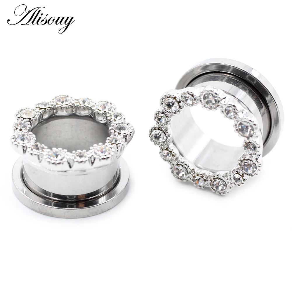 Alisouy 2 Stück Edelstahl Blume Zirkonia Mond Stern Uhr Herz Schraube Ohr Tunnel Plugs Expander Messgeräte Körper Piercing Schmuck – Detail 3