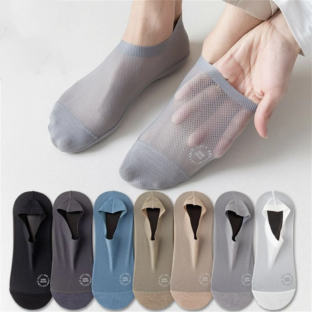 3 Pairs Ice Silk Men's Invisible Boat Socks Summer Thin COTTON SOLE Non Slip Low Cut Short Socks Breathable Mesh