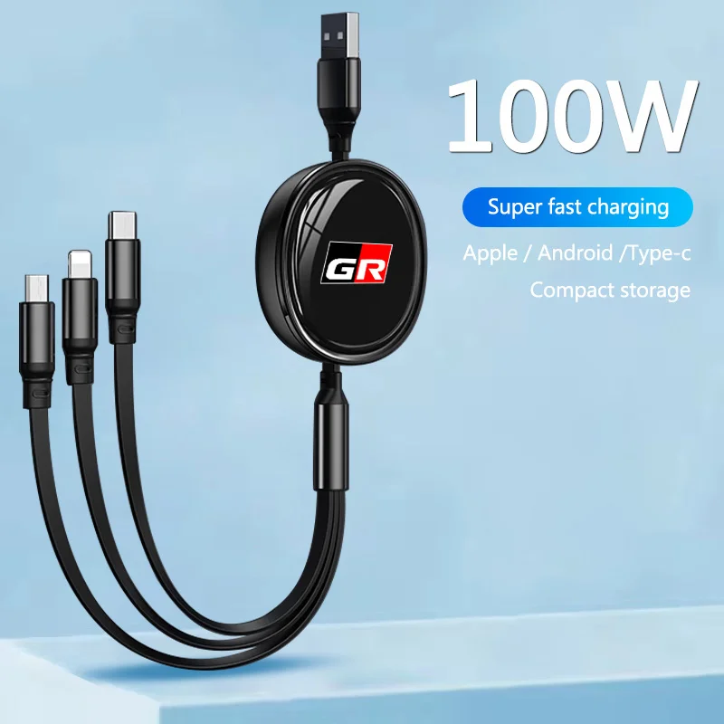 

100W Fast Charge Cable For iPhone USB Type C/Micro Retractable for Toyota GR RAV4 Crown Hilux Fortuner Corolla SE 2023 Camry