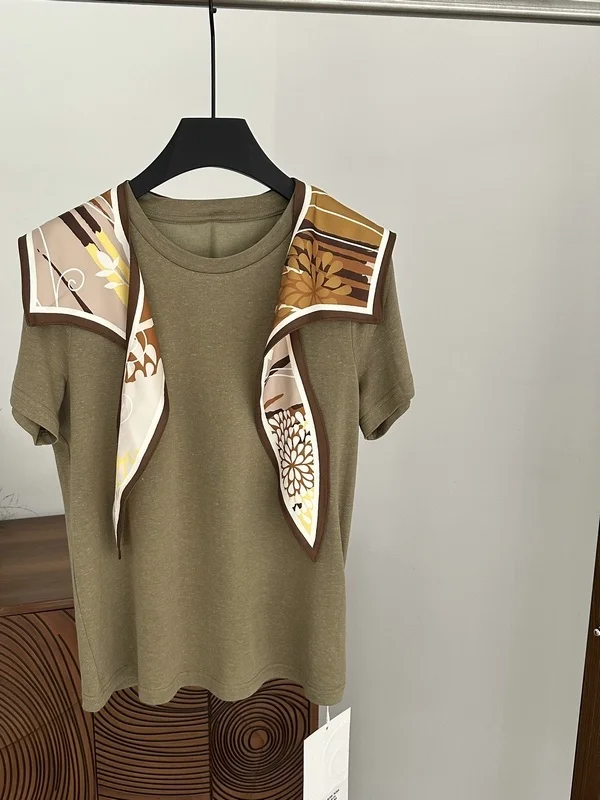 

Naval Style Geometric Pattern Silk Scarf Shoulder Wrap Short Sleeve Women's Shirt Pure Color Linen Spring Summer Fashion