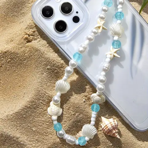 Blue Sea Star Shell Beaded Phone Chain For Phone Case Charm Strap Wrist Trendy Pendant For iPhone Samsung Universal Accessories