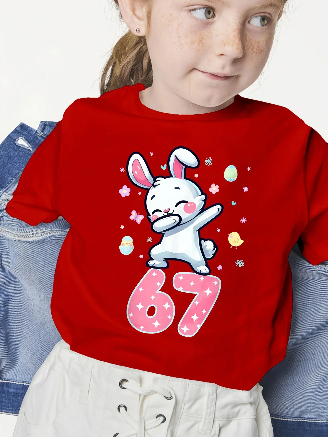 Girls Easter Dabbing Bunny Number 67 Egg Chick Floral Graphic Short Sleeve T Shirt Cute Holiday Kids Summer Top