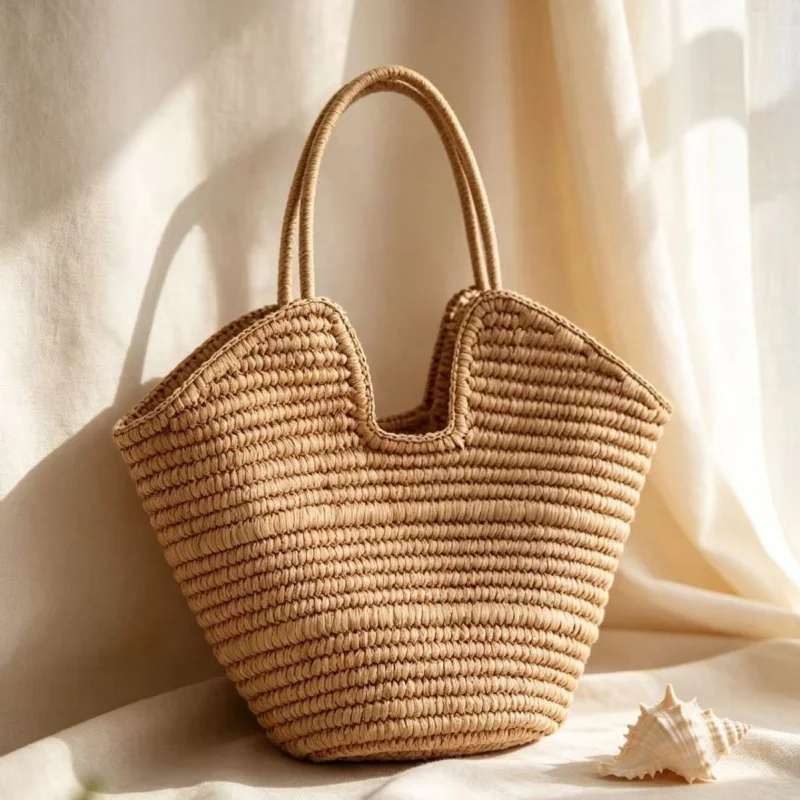 French Style Solid Color Straw Woven Tote Bag Handmade Paper Rope Braid Handbag Leisure Vacation Tourism Underarm Women's Bag