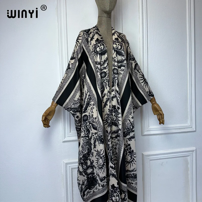 WINYI Kimono lato elegancki abstrakcyjny nadruk sweter damski bluzka abaja zakrywająca plaża kobiety boho maxi sukienka party kaftan