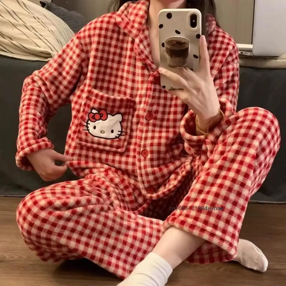 Autumn and Winter Kawaii Hellokitty Pajamas Girls Tops Coral Velvet Pajamas Red Plaid Cartoon Pants Casual Wear Home Clothes Set