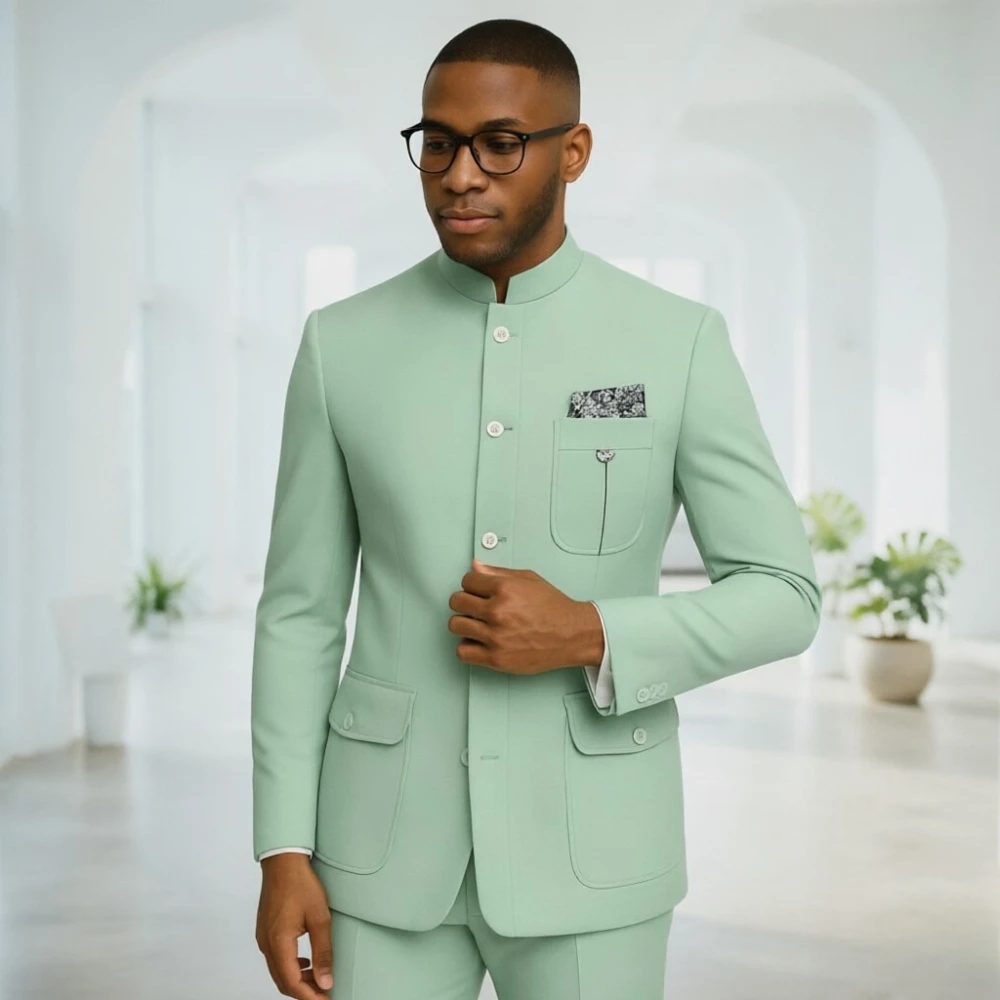 

Мужской костюм Safari: Премиум-класс, светло-зеленый, с воротником-стойкой, деловой пиджак для офиса и повседневной носки