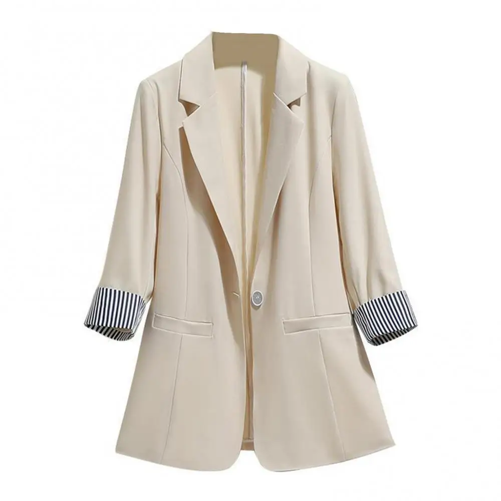 Striped Cuff Women Blazers Coat 3/4 Sleeve Lapel Button Slim Suits Female Casual Thin Office Lady Blazer Spring Summer Chic Tops