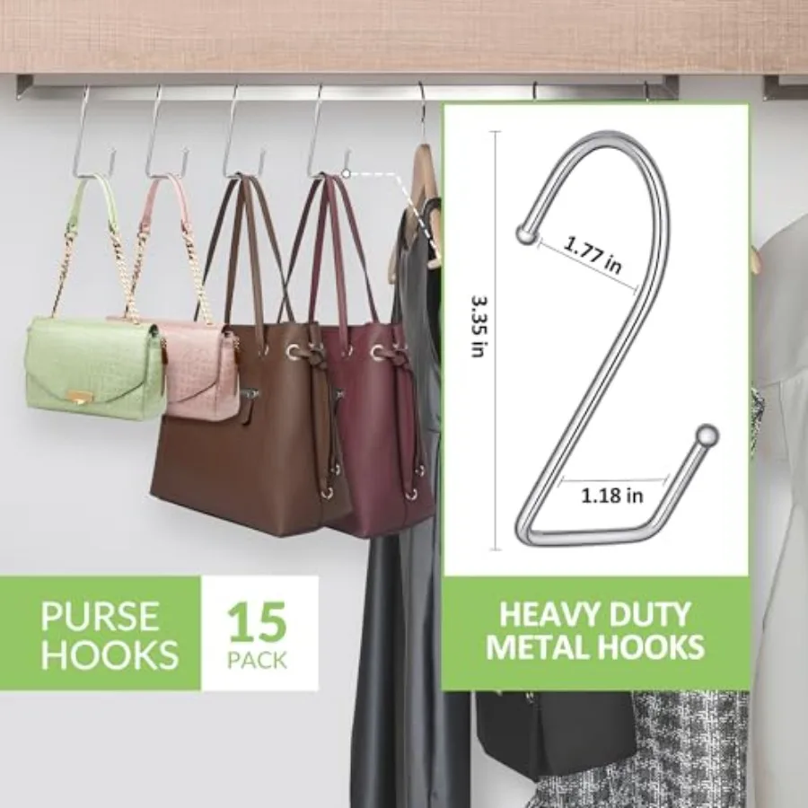 15 Pack Purse Hanger for Closet, Super Sturdy Purse Hooks, Hanging Backpack Bag Holder, Closet Organizers and Storage