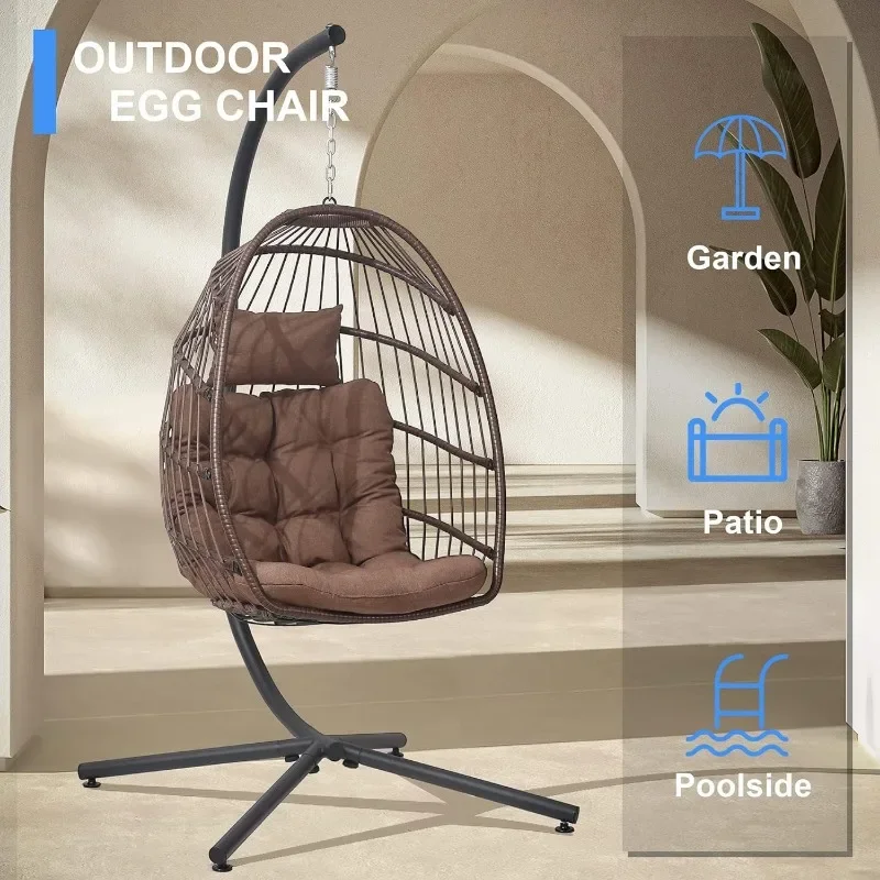 Egg Chair with Stand, Hanging Egg Swing Hammock Chair with Stand, Indoor Outdoor Wicker Egg Chair with Cushion Headrest