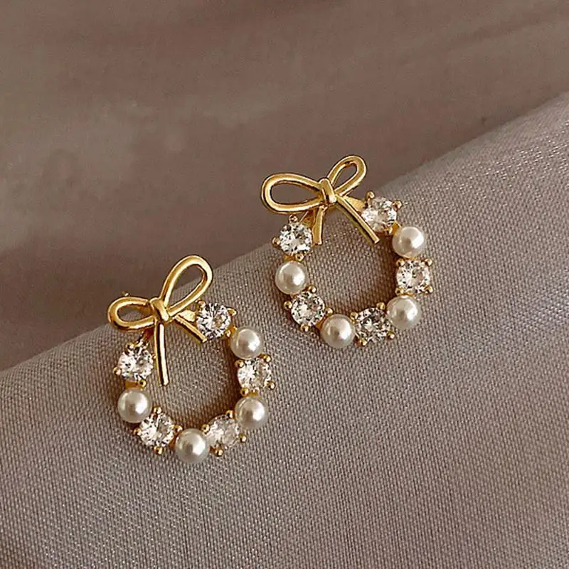 ㉻Gold Plated Bow Circle Stud Earrings With Faux Pearl Shiny Cubic Zirconia For Wedding Date Daily Wear