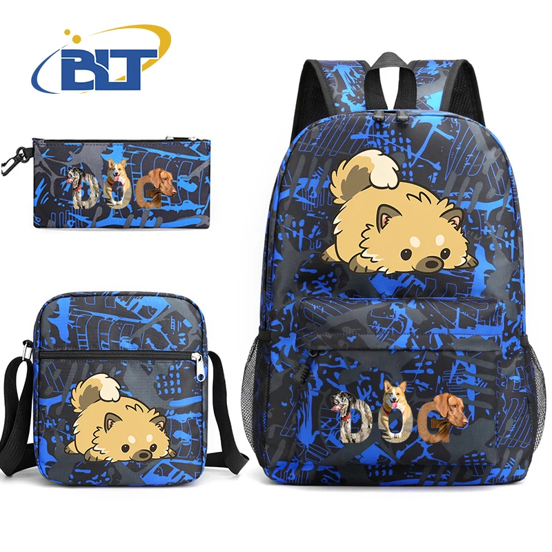 Niedlicher Hund Cartoon Druck Kinder Rucksack Set Schüler Schult asche Umhängetasche Feder mäppchen 3-teiliges Set zurück zum Schul geschenk