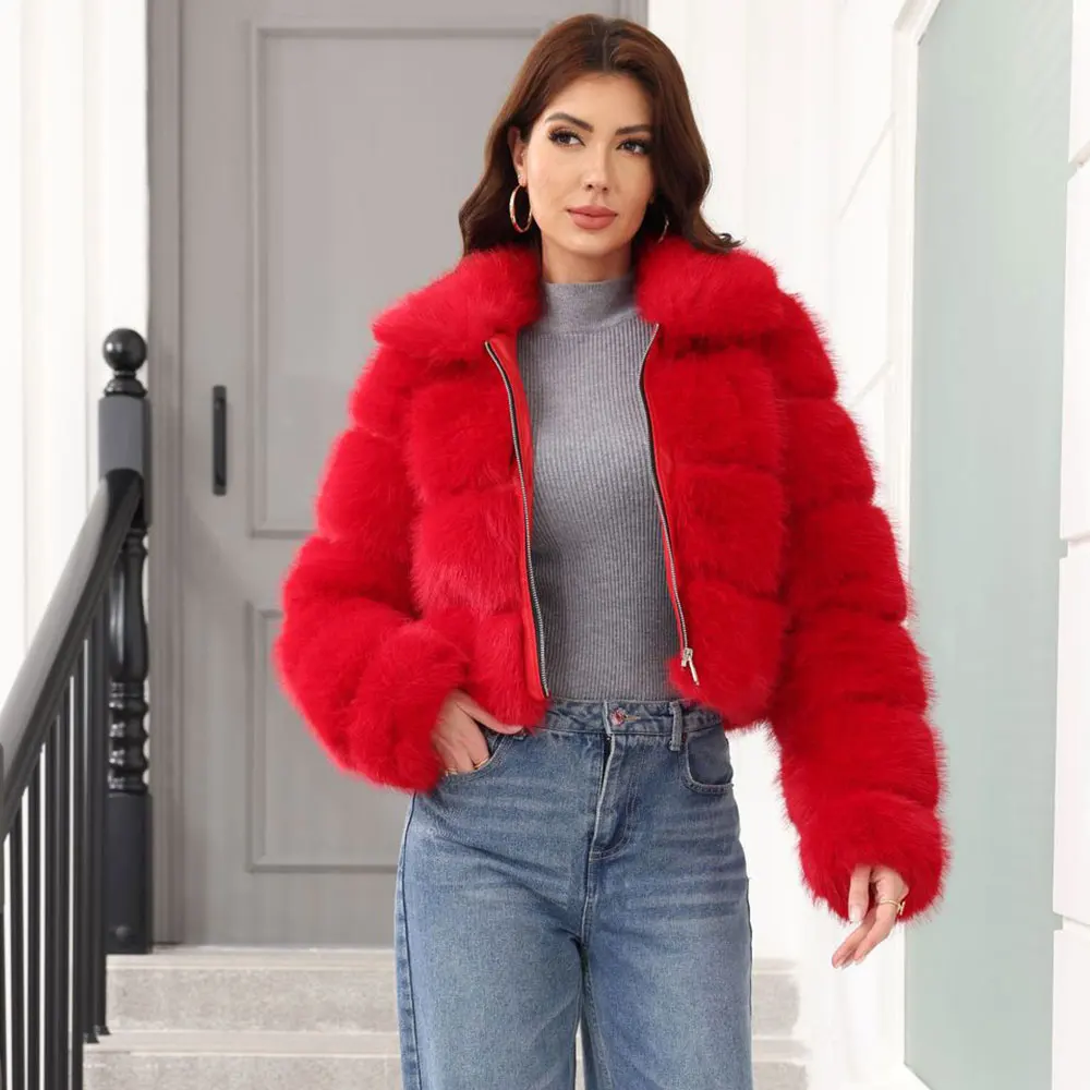 معطف نسائي من الفرو الصناعي المنفوش بياقة مقصوصة سترة عصرية سميكة وقصيرة ملابس خارجية 2024 معاطف قطيفة للسيدات ملابس الشارع