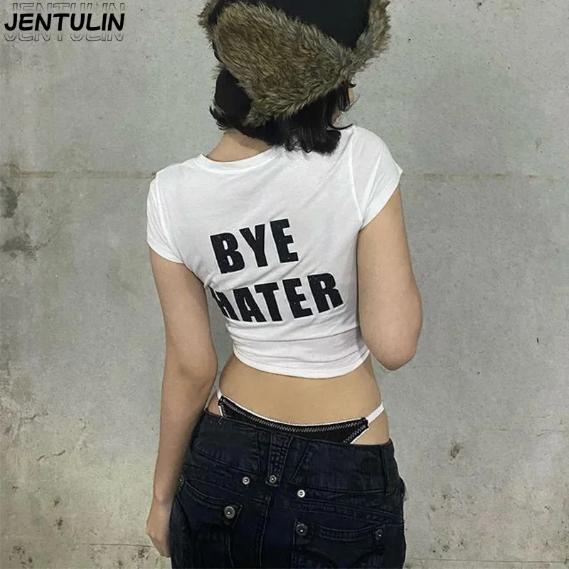 Y2K Clothes Aesthetic Hi Hater print T-shirt short sleeve Crop Tops Fashion Streetwear Slim Vintage Women Tshirt Kawaii baby tee