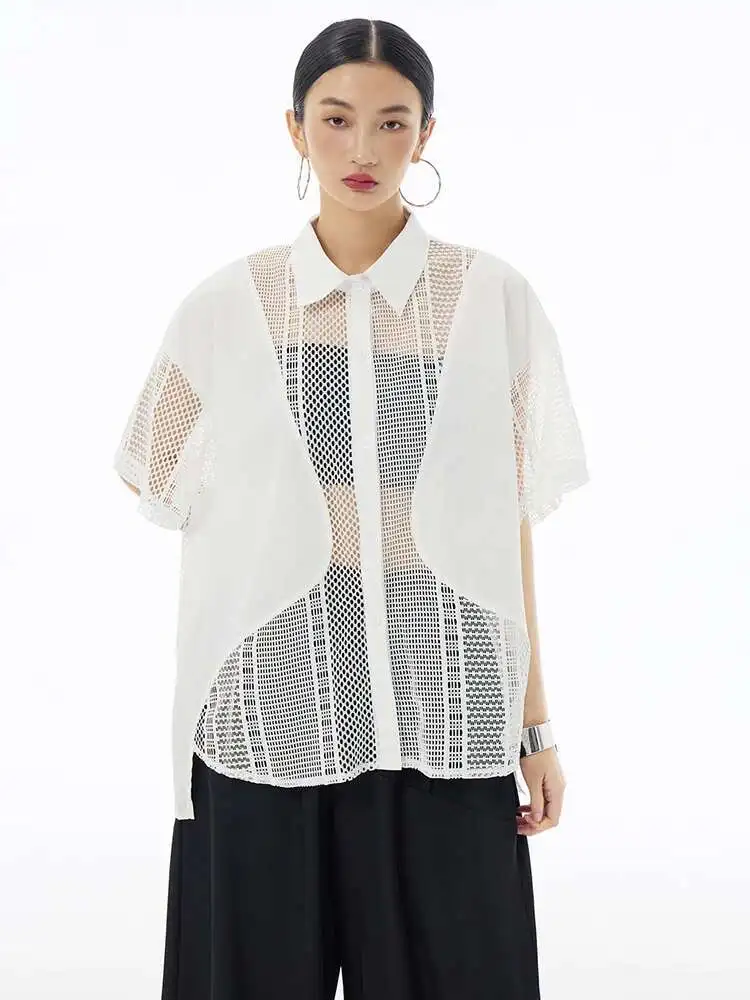 

Women White Grid Hollow Out Big Size Casual Blouse New Lapel Short Sleeve Shirt Fashion Tide Spring Summer