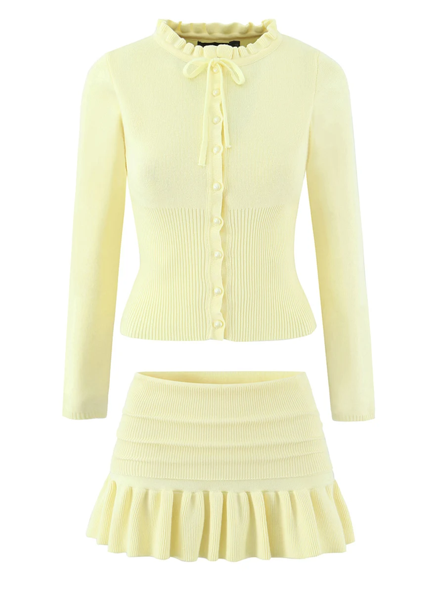 TWOTWINSTYLE Hotsweet Solid Two Piece Set for Women Lapel Long Sleeve Cardigan Low Waist Pleated Mini Skirt Sexy Suit Female New