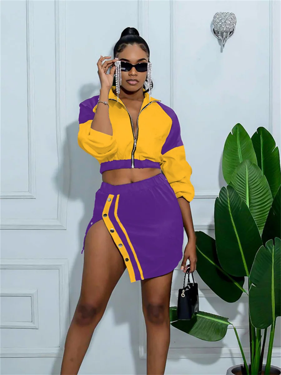 

Whatiwear Fashion 2 Piece Set Women Sporty Full Sleeve Zip Elastic Hem Crop Jacket+Slit Metal Buck Skirt Color Blocking Suit