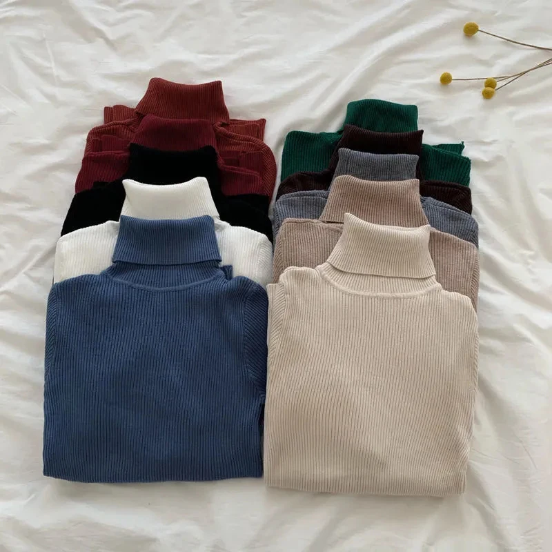 Korean Basic Turtleneck Candy Colors Pullover Sweater Women Autumn Winter Thick Slim Inner Knitted Sweater New Preppy Style Tops