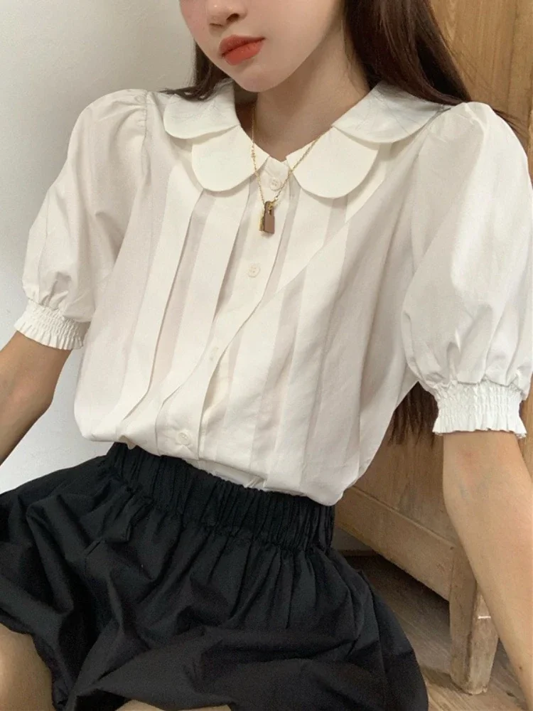 

Kawaii Girl Lolita White Shirt Top Sweet Woman Vintage Elegance Peter Pan Collar Puff Sleeve Top Shirt Preppy Style Lolita Shirt