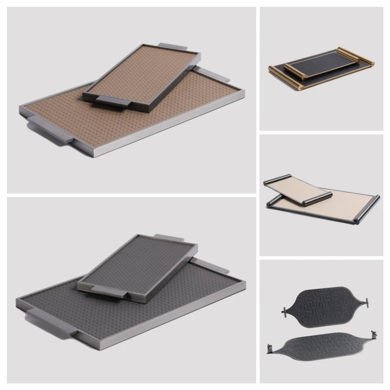 

Modern light luxury leather woven pattern metal tray soft decoration ornament model room sales office customer study