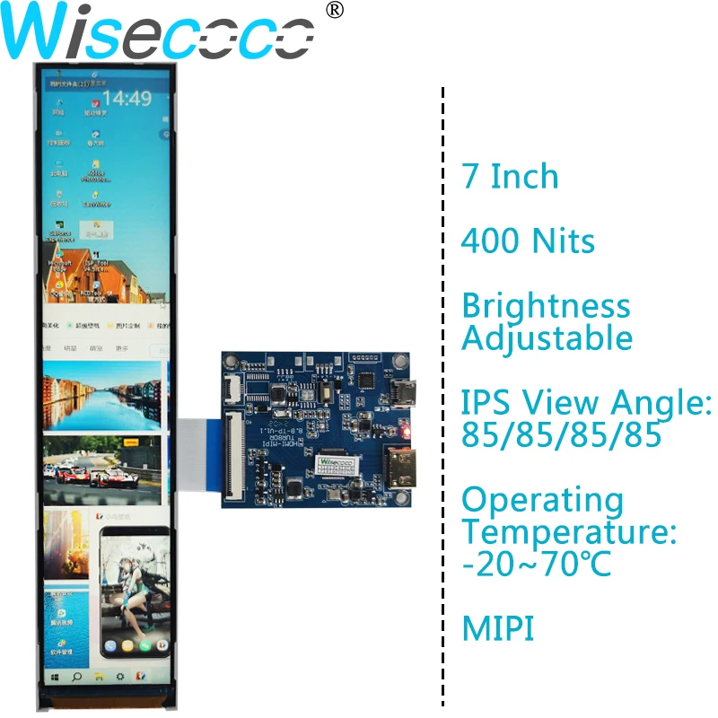 

Wisecoco 7 inch 60hz Stretch Bar Display 280x1424 IPS Screen TFT LCD Long Strip 600x1424 MIPI Control Board 400 Nits 6.9 Inch