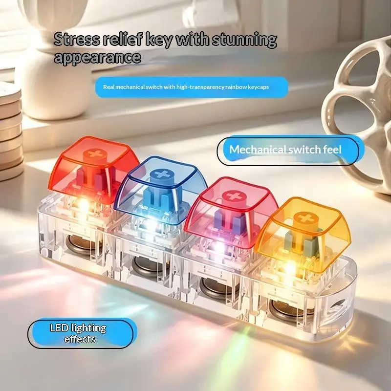 4 Keys LED Keyboard Keychain Transparent Crisp Clicky Press Light Up Fidget Toy Pocket Stress Relief Gift for Friends