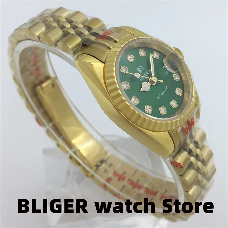 LIGER Mới Sang Trọng 26Mm Nữ Vàng Kim Cương Chỉ Số Xanh Mặt Số Ngày Cửa Sổ Kính Sapphire Nhật Bản NH05 Cơ Khí đồng Hồ Nữ