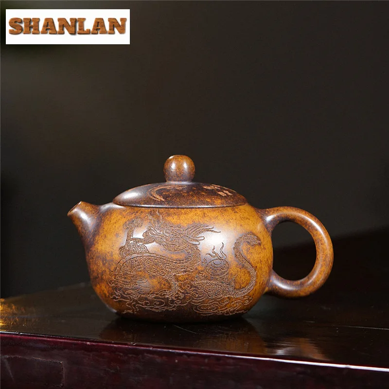 

250ml Creative Yixing Purple Clay Teapots Handmade Xishi Dragon Pot Raw Ore Keel Gold Sand Mud Kettle Zisha Teaset Supplies Gift