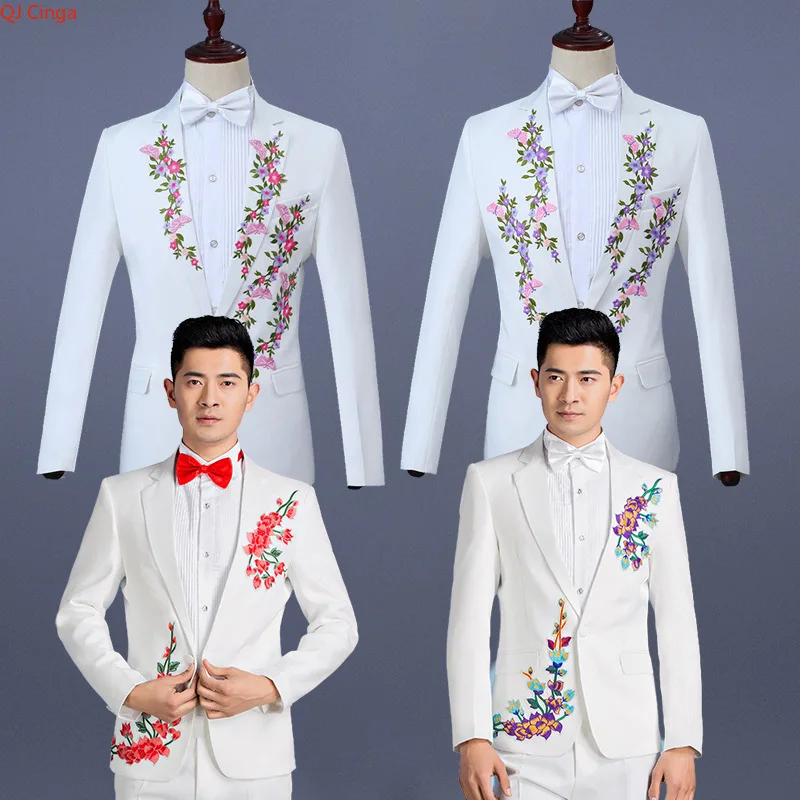 

Новый мужской костюм-двойка 2026 года: белый пиджак с вышивкой и брюки, идеально подходит для свадеб, вечеринок и выступлений.