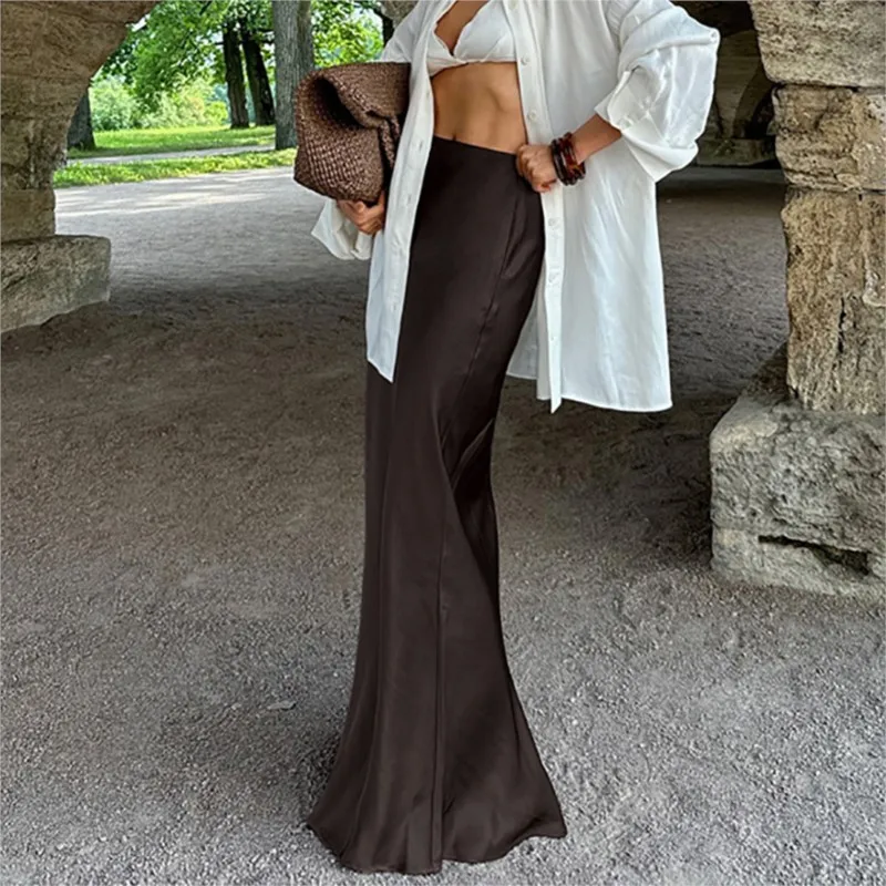 Brown Floor-length Fishtail Dress 2024 Autumn-winter Vintage Earth Brown Sag French Satin Skirt Women's Wear