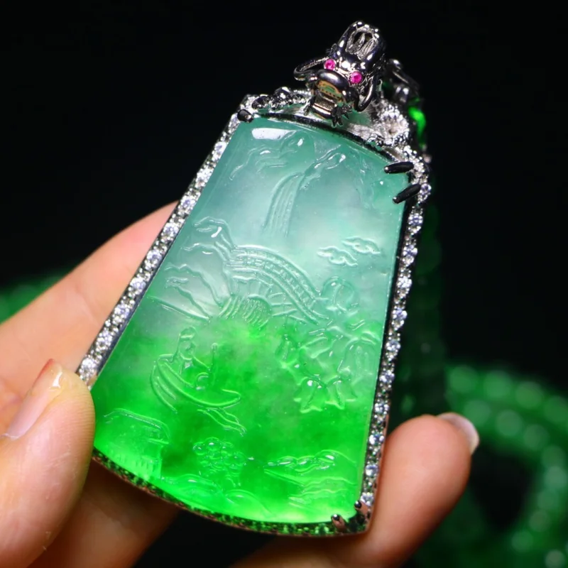 

Certified Natural Perfect High Ice Jade Jadeite grave landscapePendant&Necklace