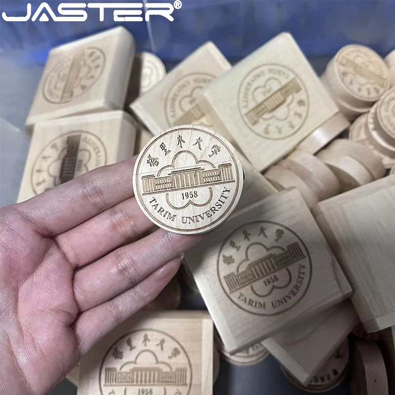 JASTER bundar kayu USB Flash Drive 128GB Gratis gantungan kunci stik memori 64GB 100% kapasitas nyata Pen Drive 32GB 16GB hadiah kreatif