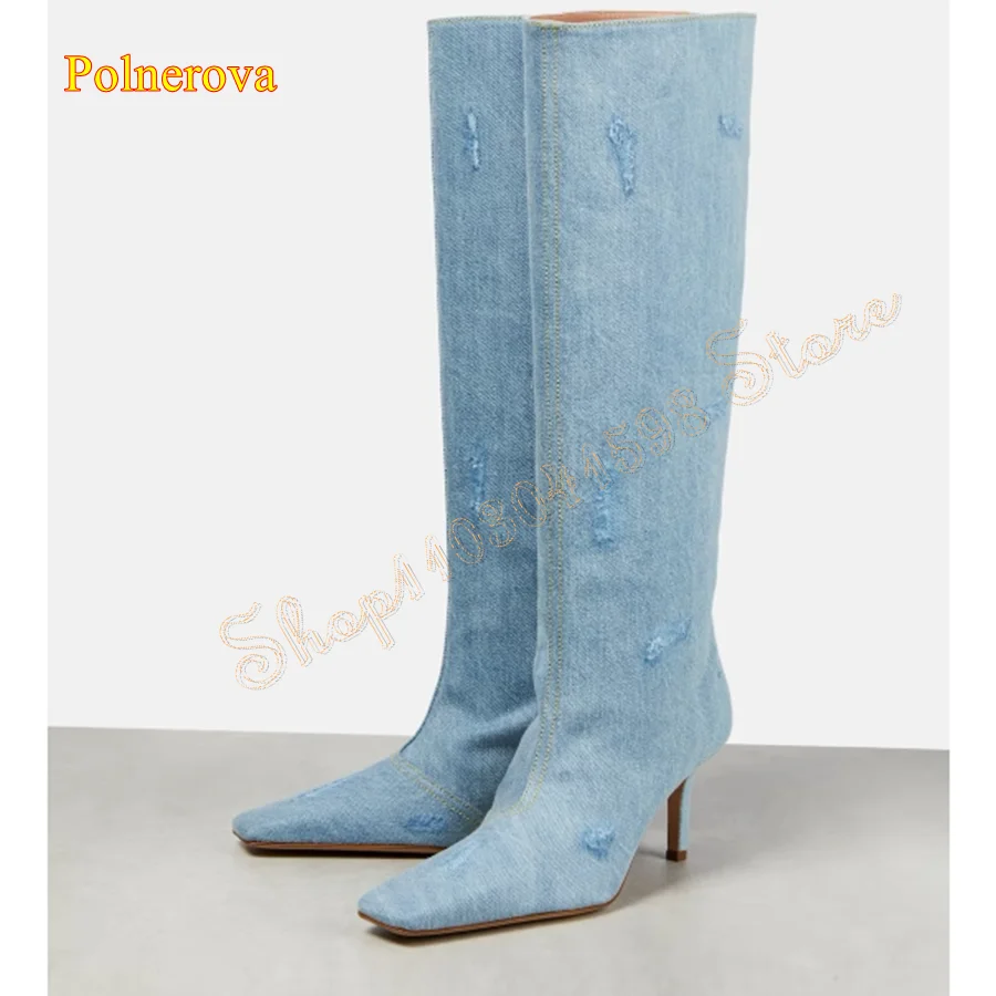 Vintage Canvas Cowboy Boots for Women,Flat Toe Stiletto Knee High Boots Plus Size Women Boots Heels 2023 New Zapatos Para Mujere