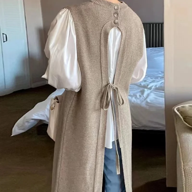 

Korean Chic Fashion 2 Piece Set Autumn Spring White Puff Sleeve Loose Shirt+Sleeveless Vest Back Lace Up Knitted Long Dress Suit