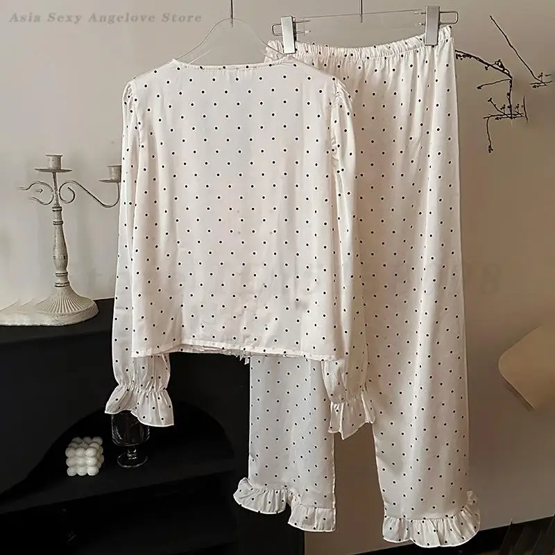Polka Dots Ruffle Edge 2PCS Pajamas Set 2025 Spring Summer Ice Silk Sleepwear Women Gentle Long Sleeved V-Neck Loose Loungewear