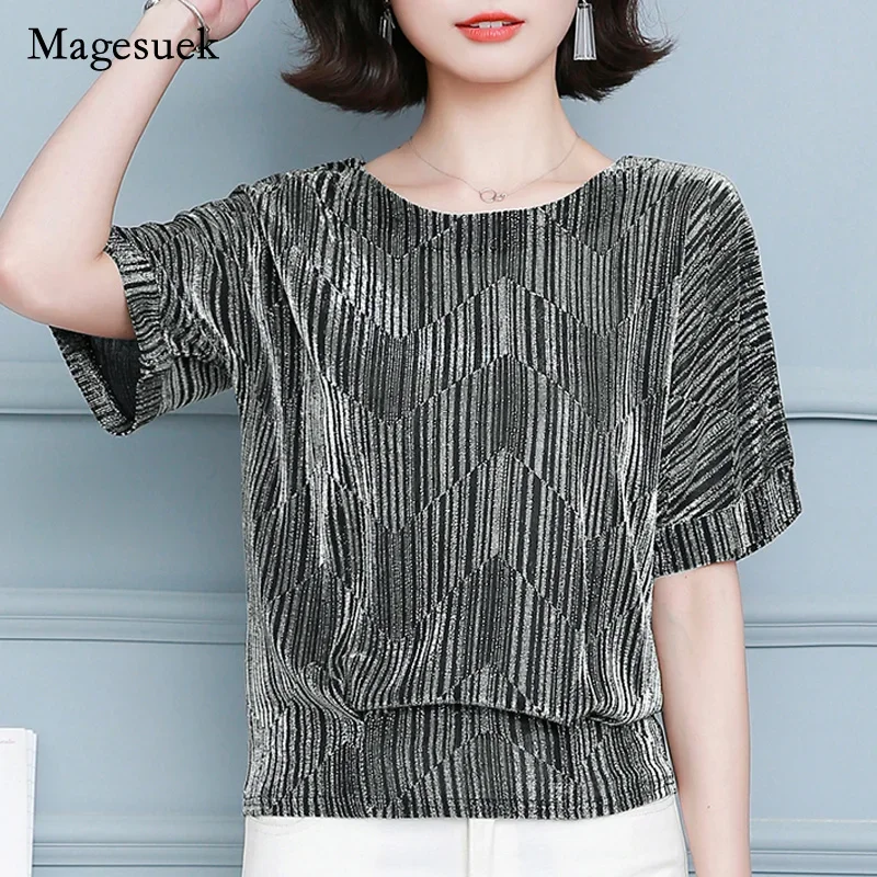 

2025 Fashion Summer Tee New Shine Women's Blouses Glitter Shirt Tops Elegant Shiny Sequin Blouse Tunic Women T-shirt 10127