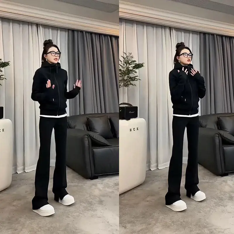 European goods 2024 Spring and Autumn new casual sportswear women's set hooded jacket straight leg wide leg pants two-piece set