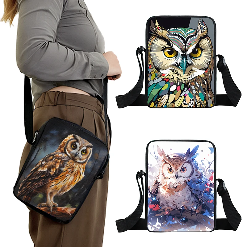 Cartoon Owl Print Crossbody Bags para homens e mulheres, Cute Snowy Owls Pintura colorida, bolsa de ombro, bolsa, sacos de armazenamento, suporte do telefone, presente