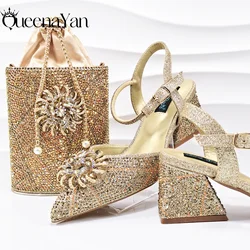 QSGFC Pointed Toe High Heels Shoes and Bags  for Women Heel Luxury Rhinestone Evening Wedding Party Gold Color Elegant Hnadbag