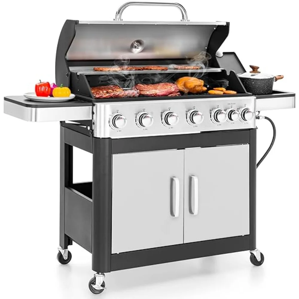 

BBQ Grill with Side Burner and Porcelain-Enameled Cast Iron Grates Stainless Steel Outdoor Cooking Kitchen and Barbecue grill