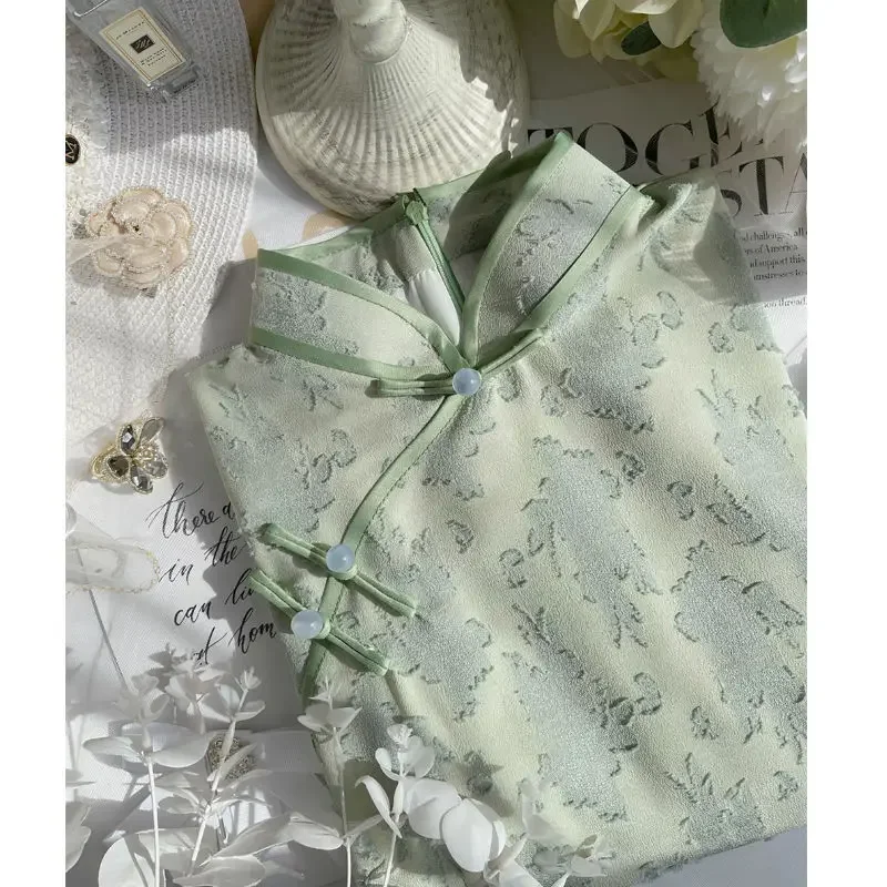 

Женское зеленое Ципао Cheongsam с коротким рукавом и подкладкой, элегантное традиционное винтажное платье, тонкое повседневное высокомодное Ципао от S до XXL