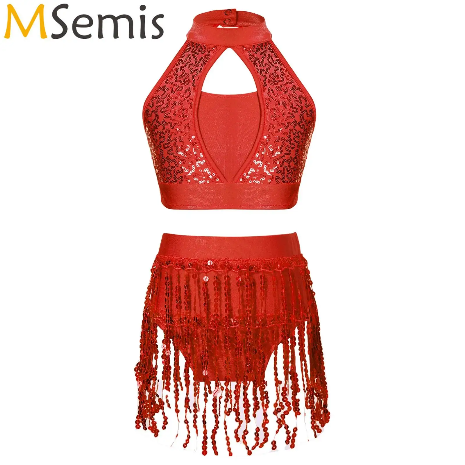 

Kids Girls Gymnastics Artistic Skating Costume Sequin Ballet Jazz Latin Samba Dance Outfit Hollow Halter Crop Top Fringe Shorts