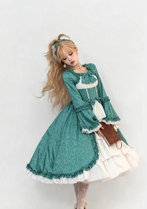 S-5XL Elegantes mittelalterliches Retro-Gothic-Hof-Lolita-Kleid, Ballkleid, quadratischer Ausschnitt, taillierte Passform, Schleife, Damen-Kostüm, Vestido-Kleid – Detail 14